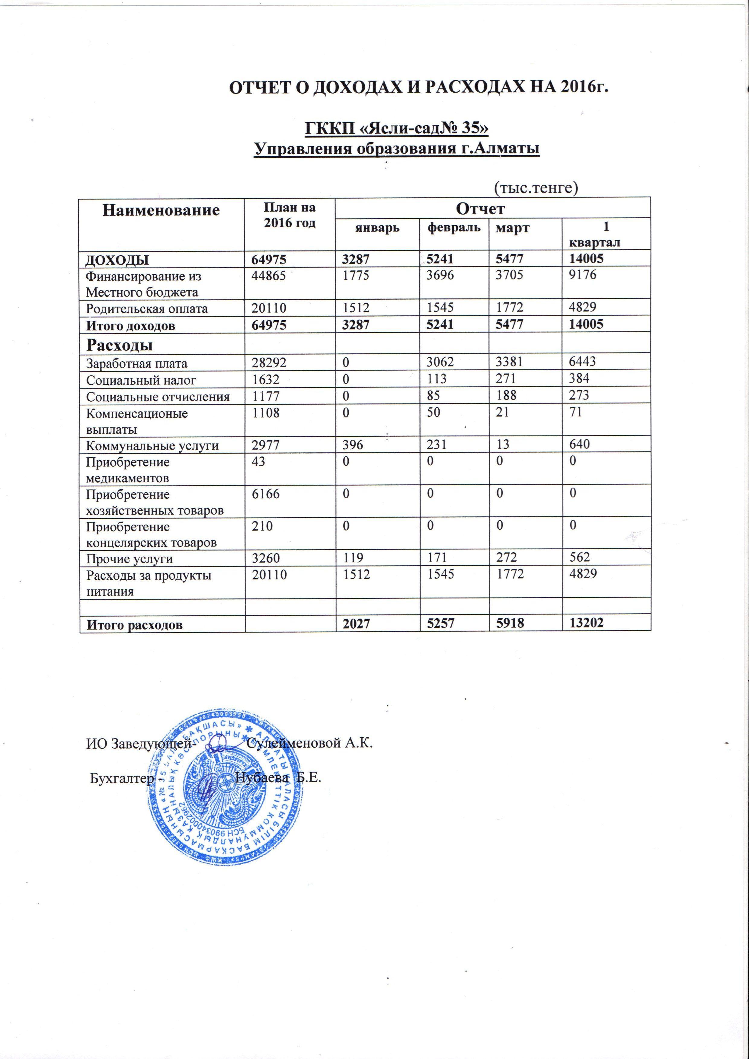 Отчет о доходах и расходах на 2016г